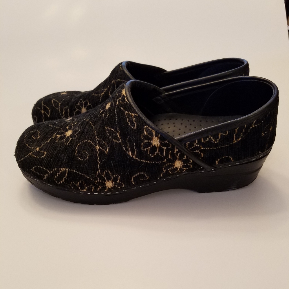 Sanita Black and Gold Floral Tapestry Clogs